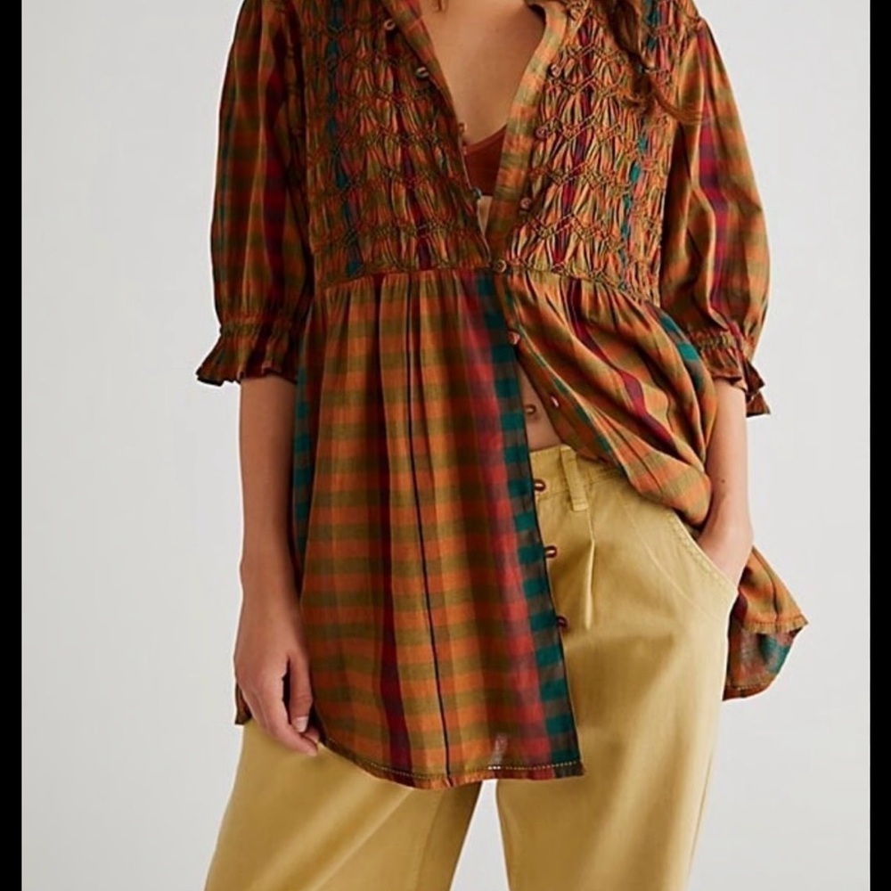 Free People Charlotte Plaid Tunic Multicolor Plaid Smocked Blouse or Mini Dress